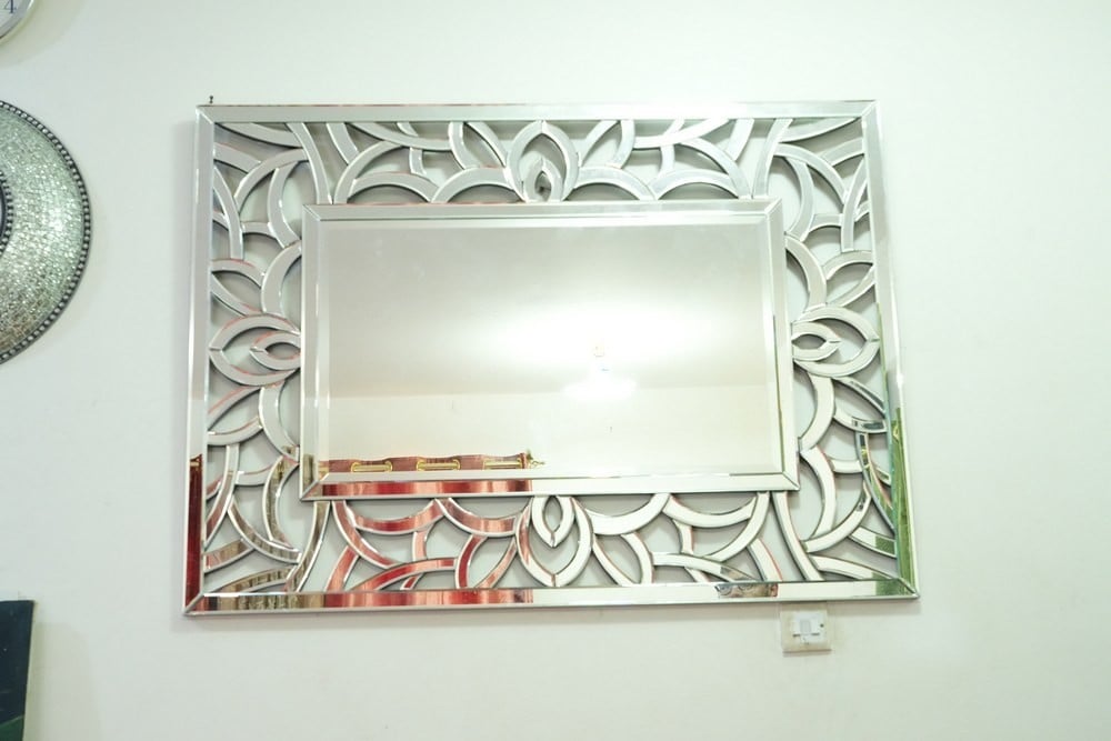 Rectangular Wall Mirror with Geometric and Decorative Design - 1