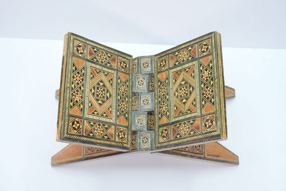 Folding Wooden Quran Stand with Oriental Mosaic Inlay - 3