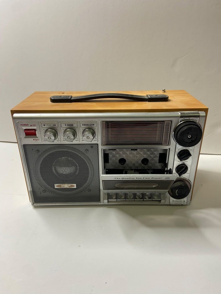 An Old Radio And Cassette Player With A Wooden And Silver Design - 1