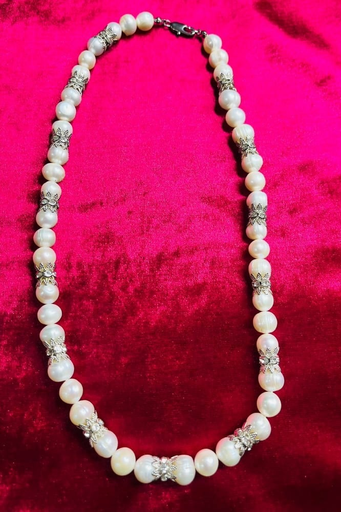 Antique Cultured Pearl Necklace with Silver Spacers - 1