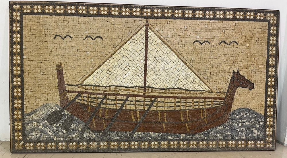 Handcrafted Natural Marble Mosaic Artwork – Ancient Sailing Ship - 1