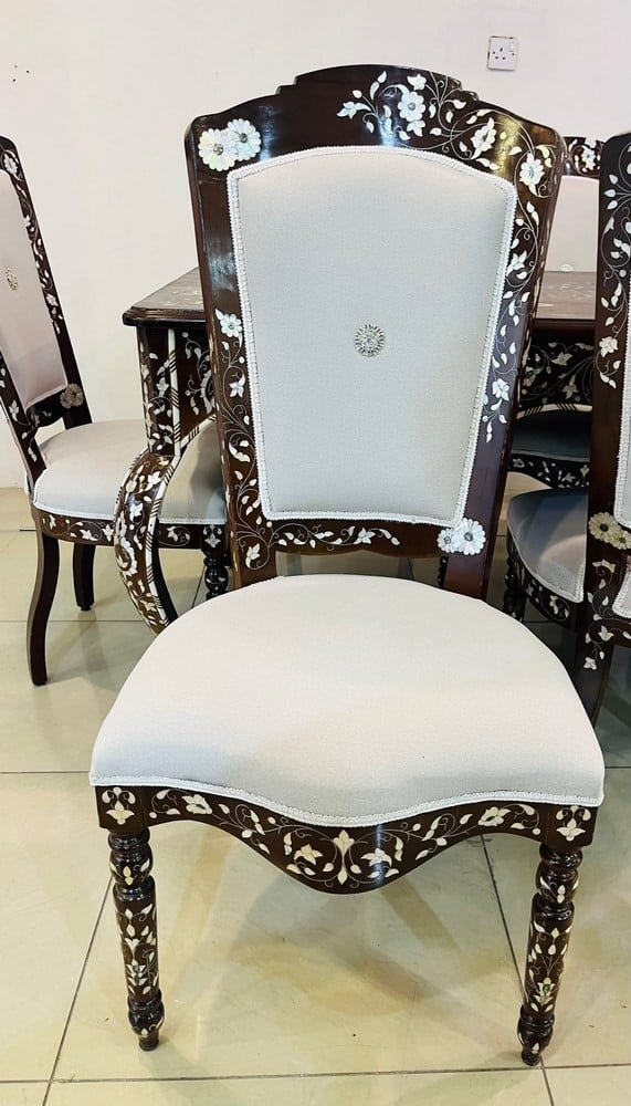 Luxury Oriental Walnut Dining Table Set with 8 Mother-of-Pearl Inlaid Chairs - 9