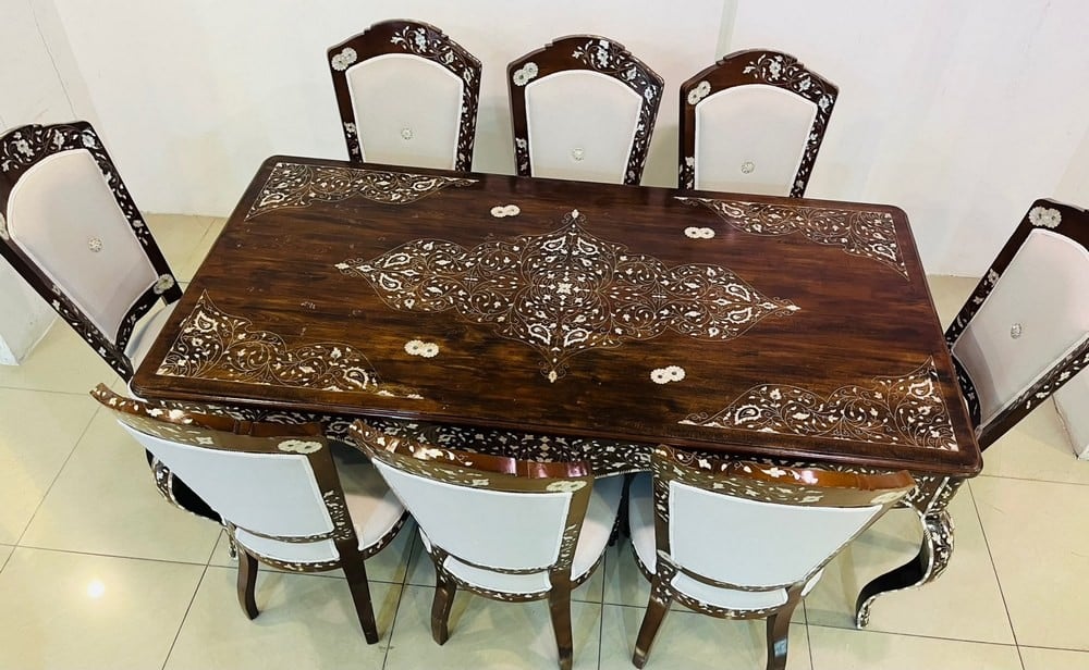 Luxury Oriental Walnut Dining Table Set with 8 Mother-of-Pearl Inlaid Chairs - 3
