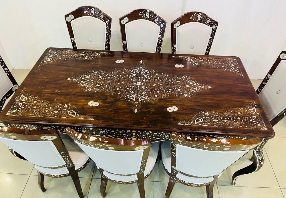 Luxury Oriental Walnut Dining Table Set with 8 Mother-of-Pearl Inlaid Chairs - 1