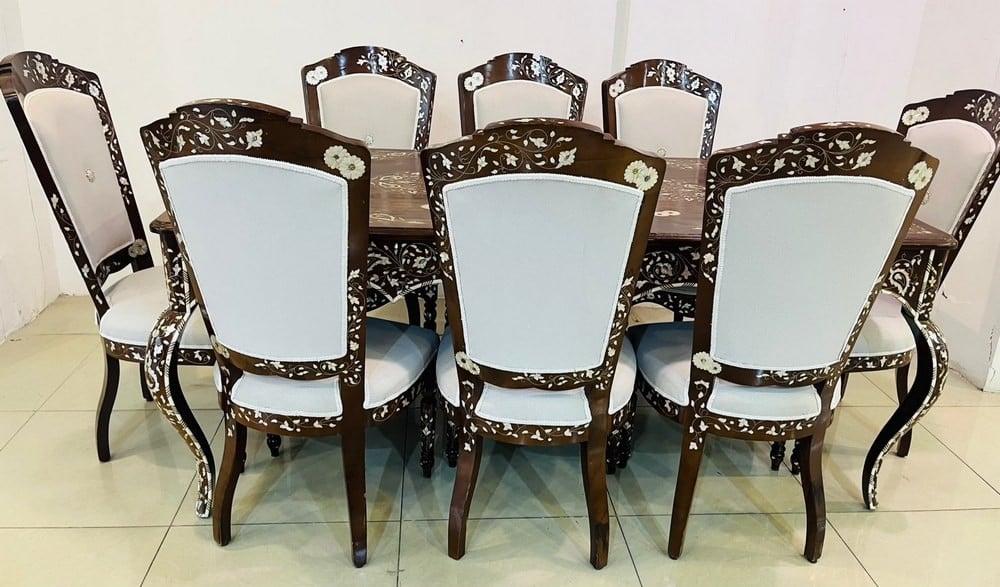 Luxury Oriental Walnut Dining Table Set with 8 Mother-of-Pearl Inlaid Chairs - 6