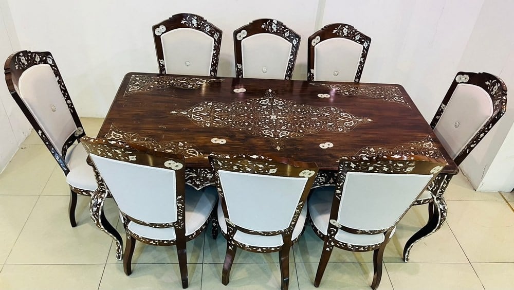 Luxury Oriental Walnut Dining Table Set with 8 Mother-of-Pearl Inlaid Chairs - 8