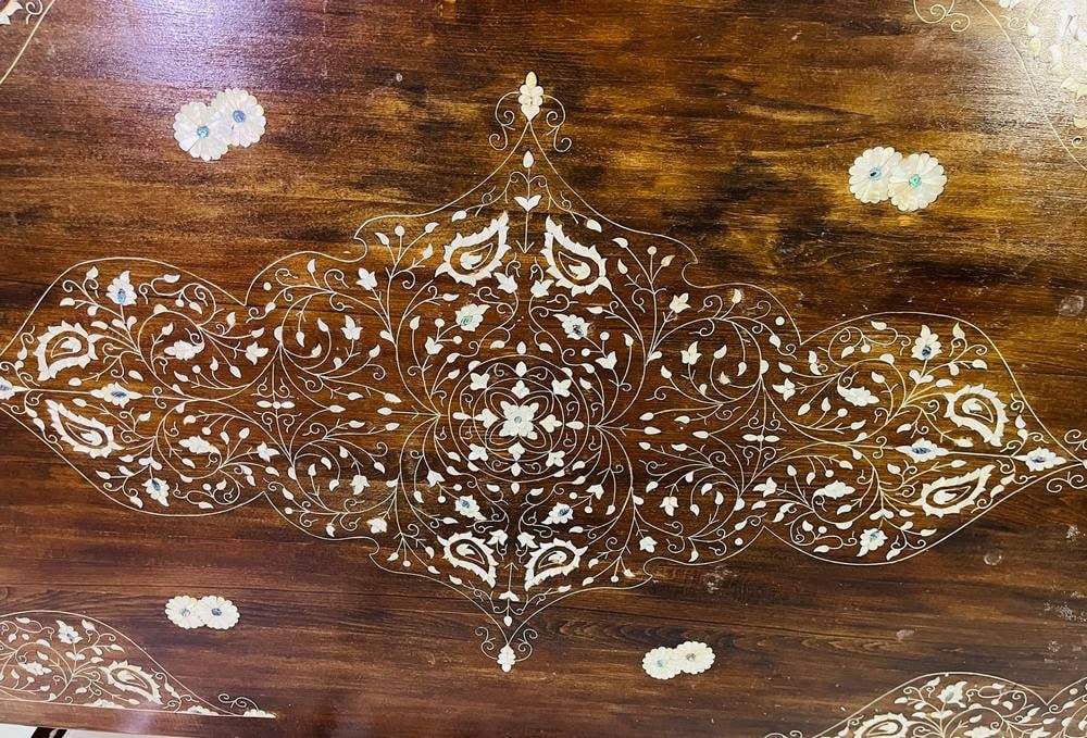 Luxury Oriental Walnut Dining Table Set with 8 Mother-of-Pearl Inlaid Chairs - 2