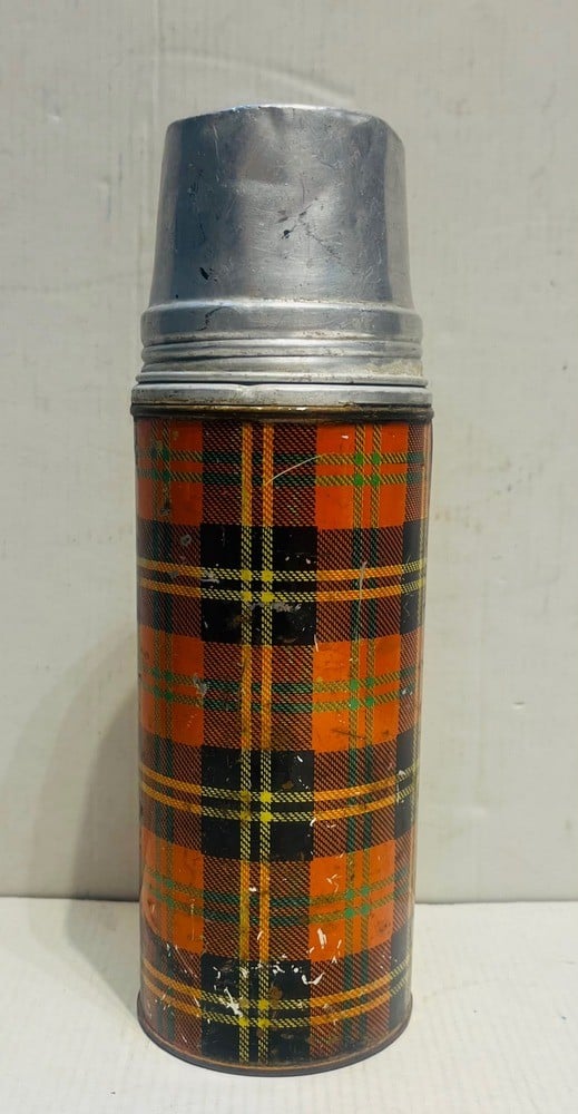 Vintage Metal Thermos Flask with Tartan Pattern - 1