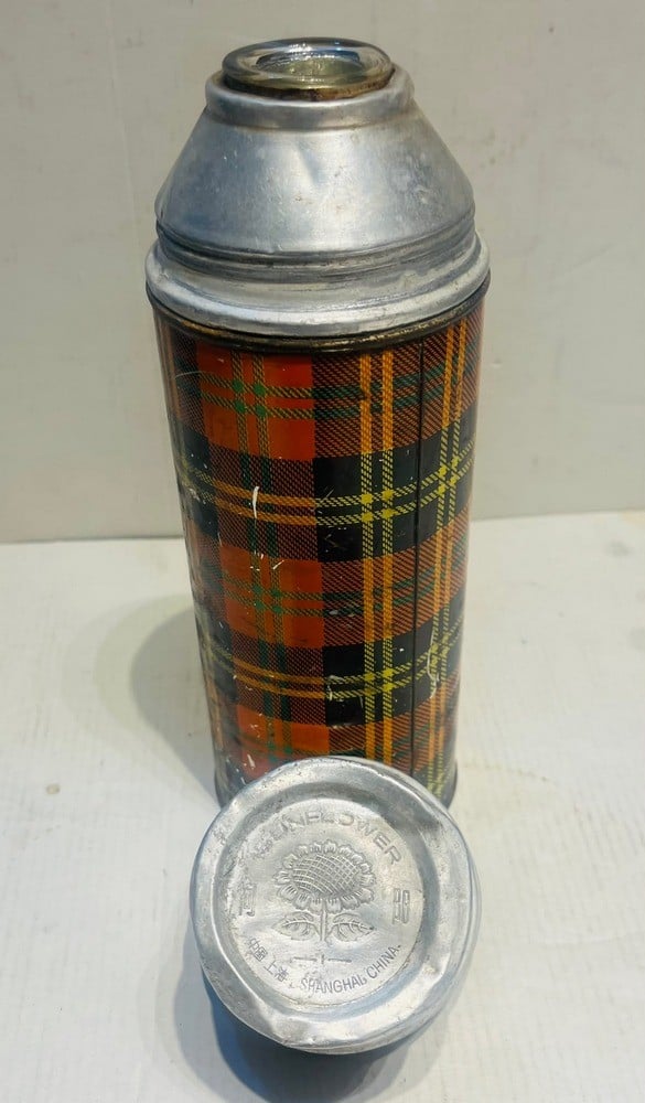 Vintage Metal Thermos Flask with Tartan Pattern - 2