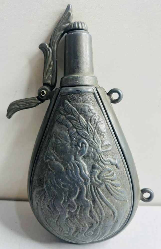 Antique Metal Powder Flask with Embossed Decorations - 1