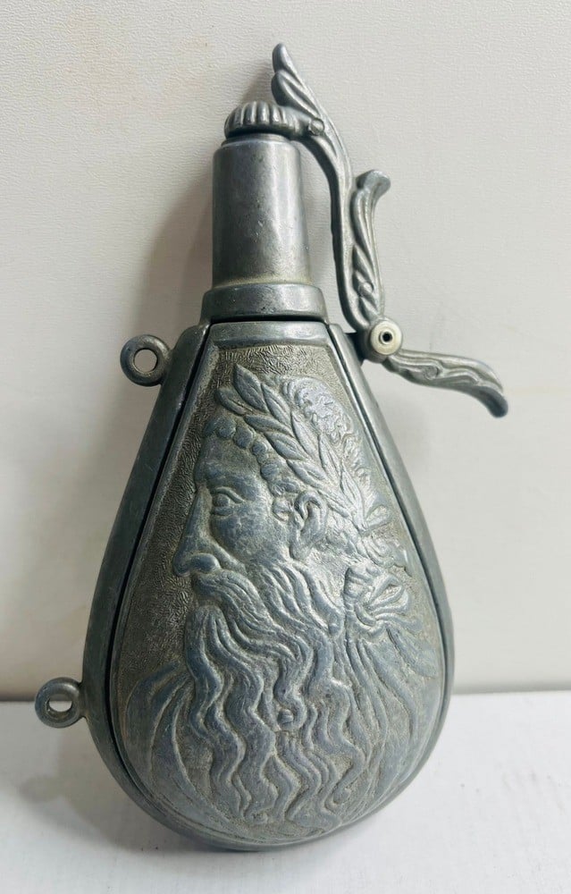 Antique Metal Powder Flask with Embossed Decorations - 3