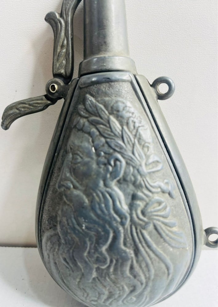 Antique Metal Powder Flask with Embossed Decorations - 4