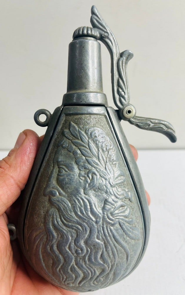 Antique Metal Powder Flask with Embossed Decorations - 2