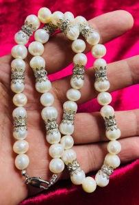 Antique Cultured Pearl Necklace with Silver Spacers - 3