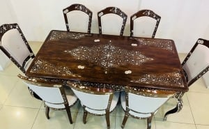 Luxury Oriental Walnut Dining Table Set with 8 Mother-of-Pearl Inlaid Chairs - 3
