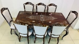 Luxury Oriental Walnut Dining Table Set with 8 Mother-of-Pearl Inlaid Chairs - 8