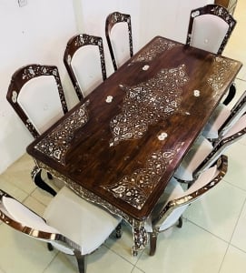 Luxury Oriental Walnut Dining Table Set with 8 Mother-of-Pearl Inlaid Chairs - 7