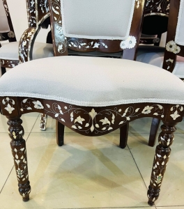 Luxury Oriental Walnut Dining Table Set with 8 Mother-of-Pearl Inlaid Chairs - 4