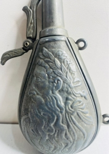 Antique Metal Powder Flask with Embossed Decorations - 4
