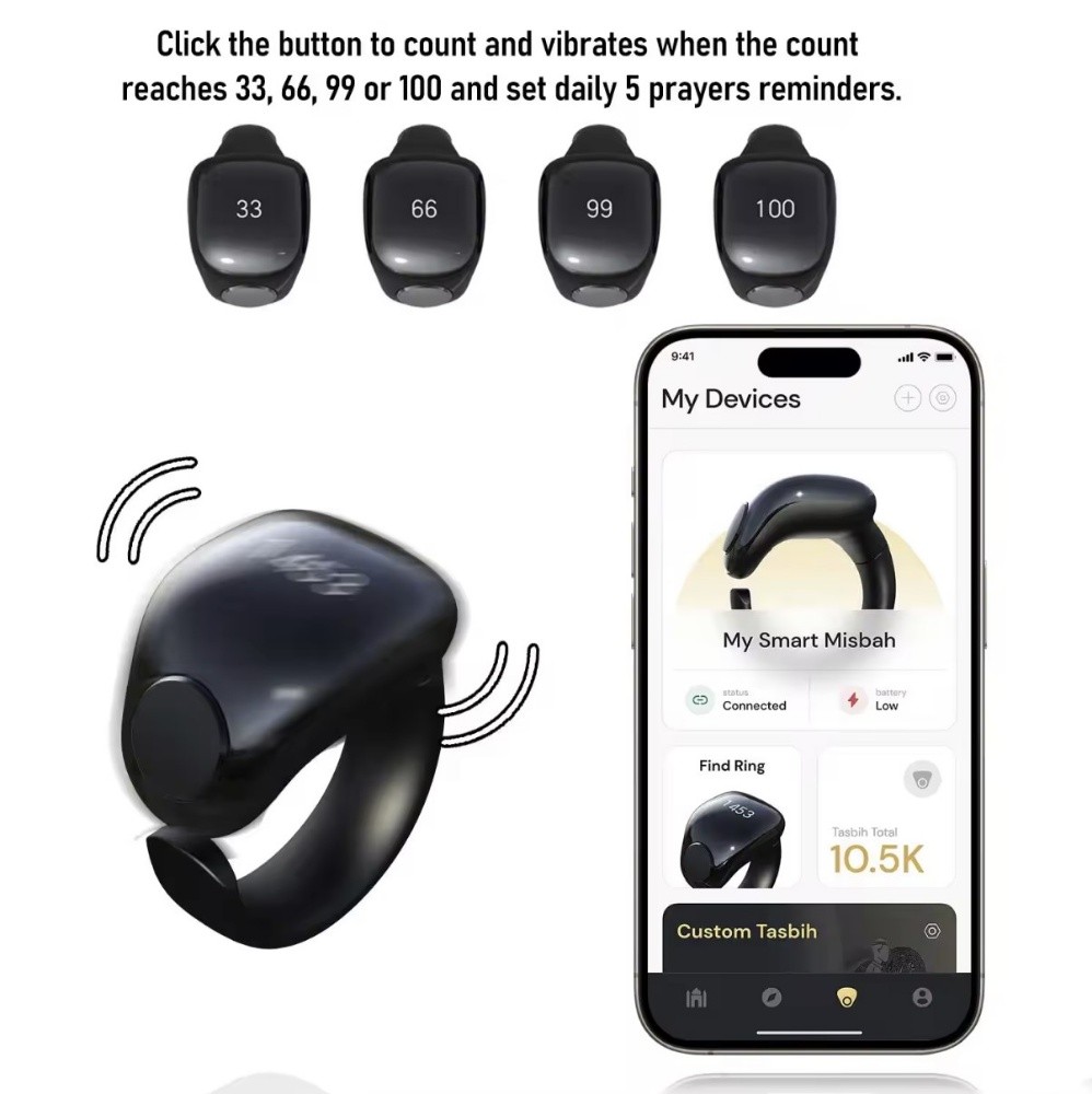 3 In 1 Smart Tasbih Ring Black - 5