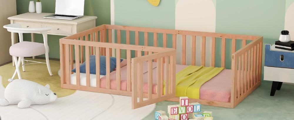 Wood Floor Bed Frame with Fence - 1