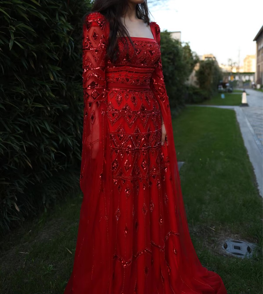 Red evening dress long sleeve - 1