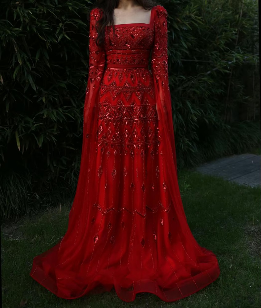 Red evening dress long sleeve - 4