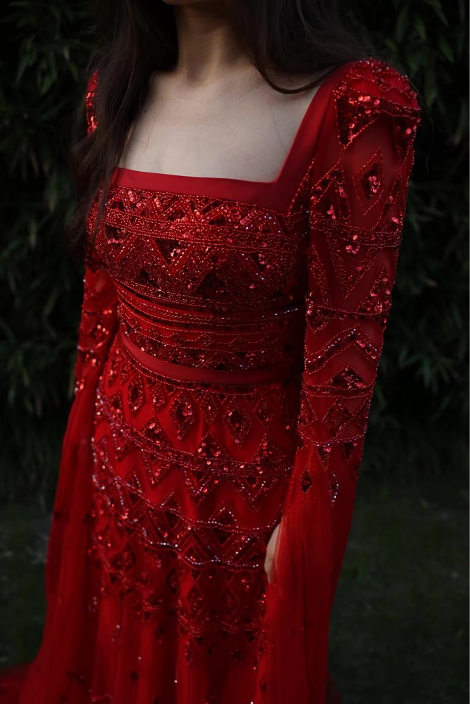 Red evening dress long sleeve - 2