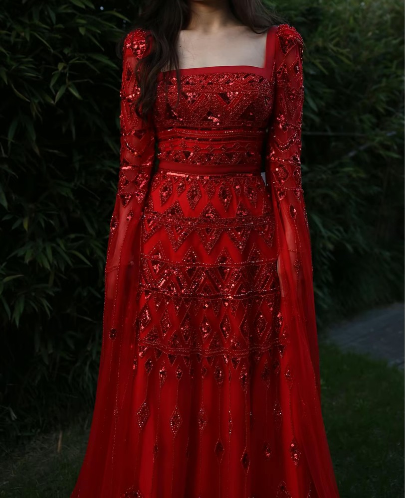 Red evening dress long sleeve - 3