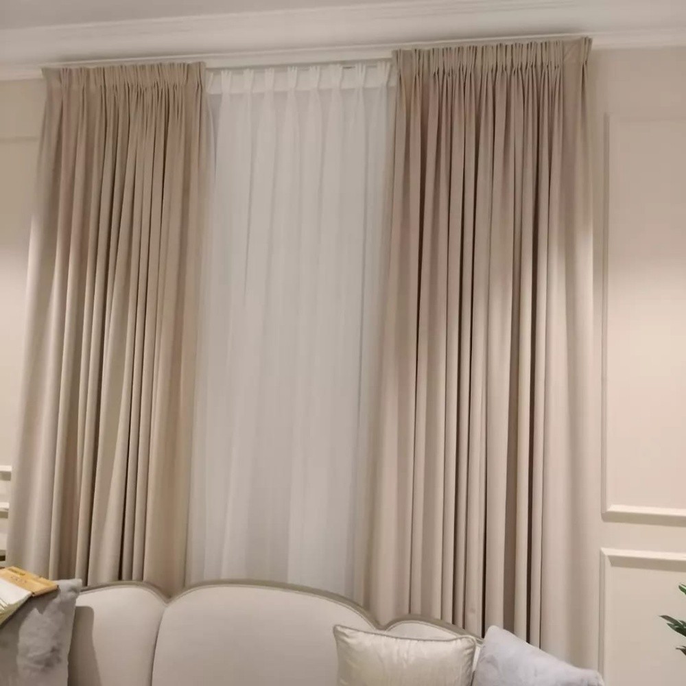 Sheer white curtains, gold tiebac - 1