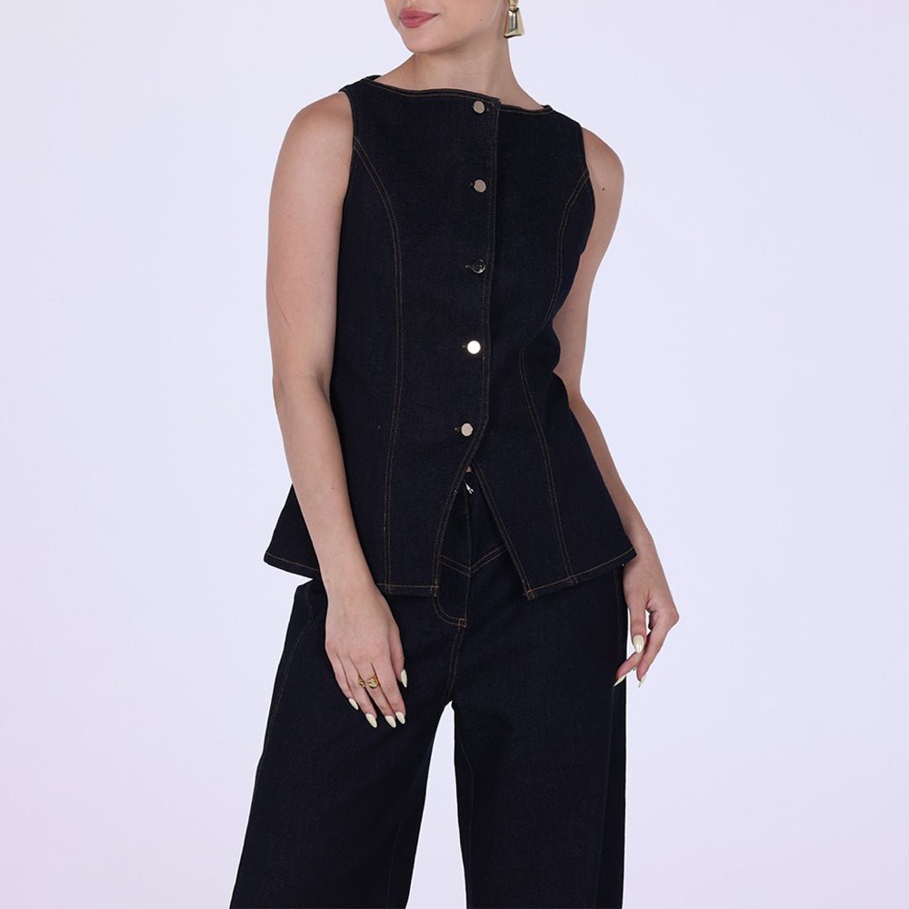 Denim Sleeveless Top With Buttons - 2