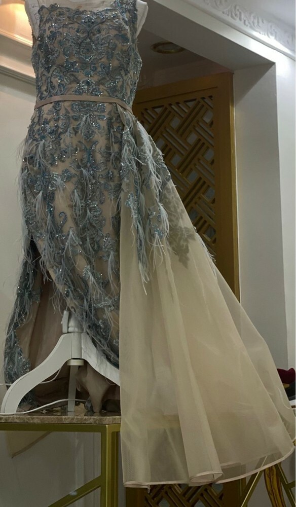 فستان ريش ازرق وبيج  - 2