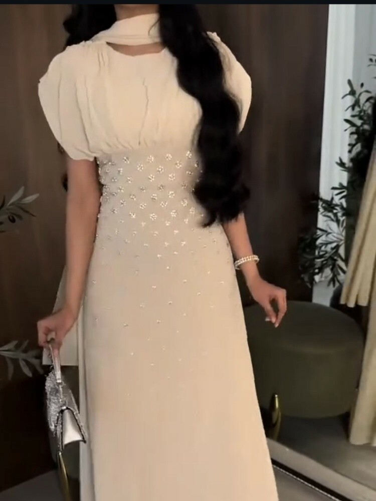 beig unique dress with cristal - 1