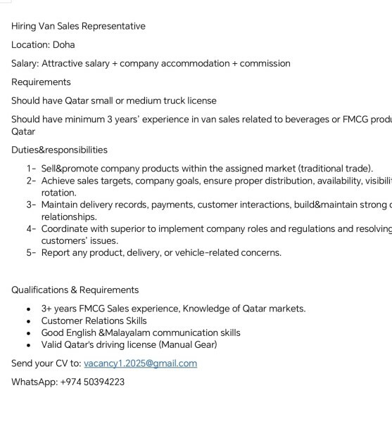 Hiring Van Sales Representative - 1