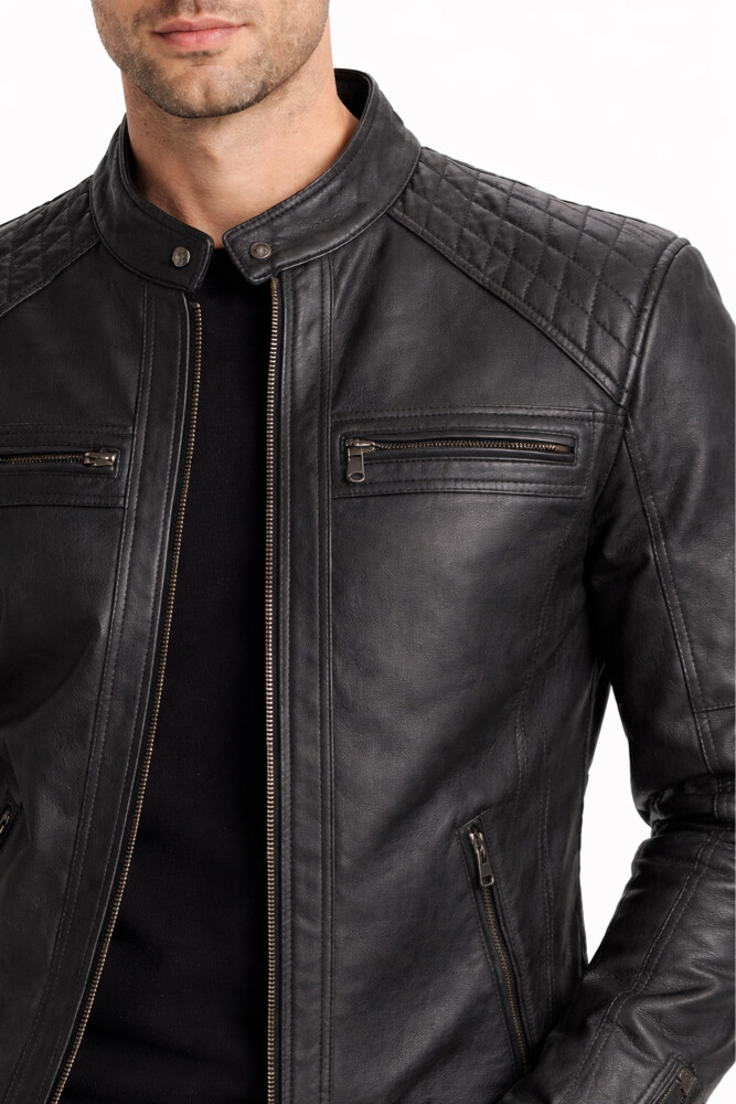Black Leather Biker Jacket.  - 6