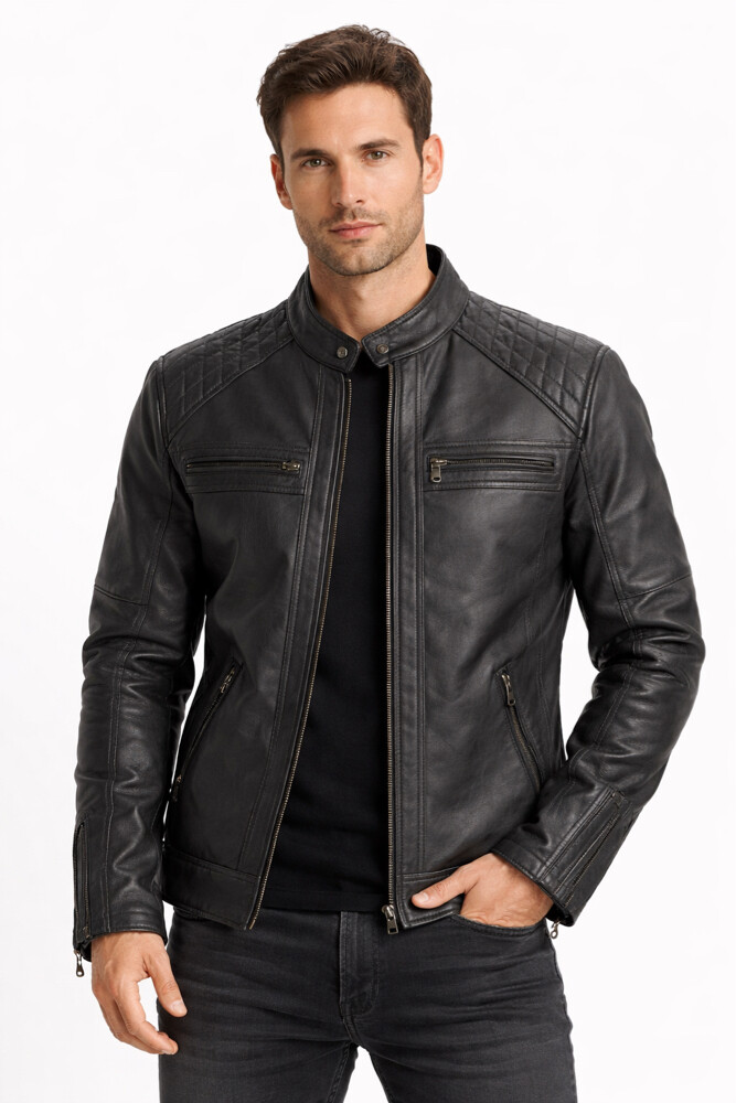 Black Leather Biker Jacket.  - 1