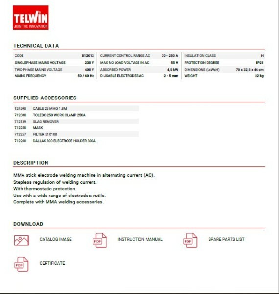 Telwin Welder NORDIKA 3250, 250AMP - 3