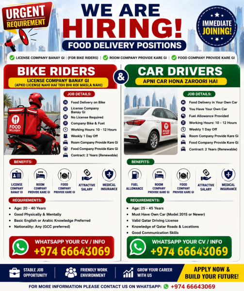 URGENT HIRING  FOOD DELIVERY(QATA) - 1