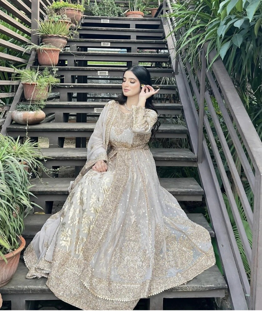 Pakistani White Gold Wedding Dress - 4