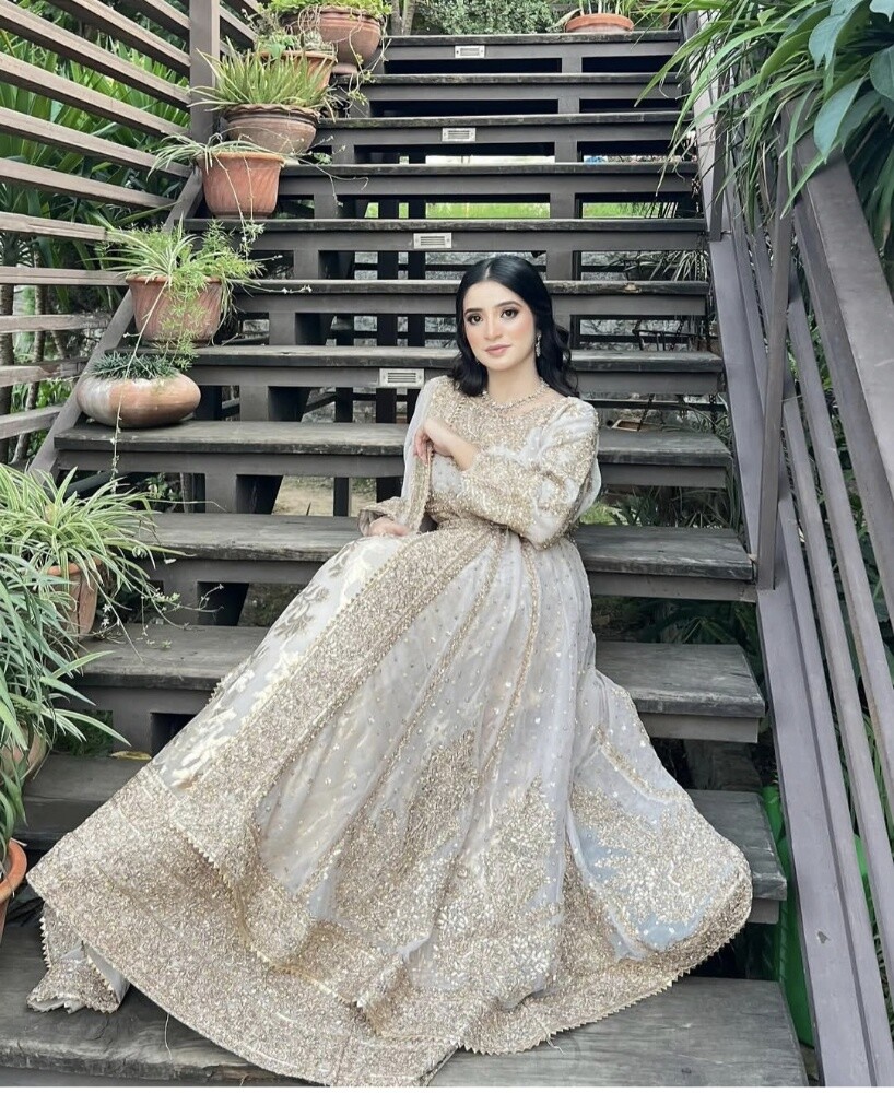 Pakistani White Gold Wedding Dress - 1