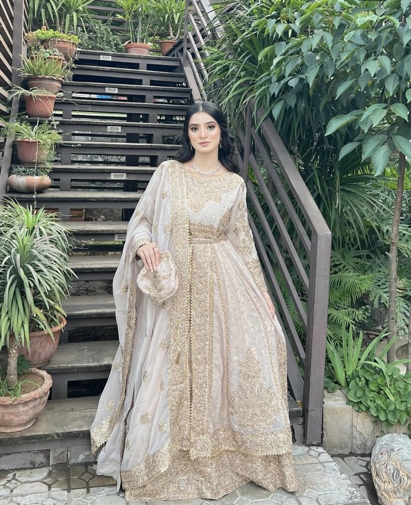 Pakistani White Gold Wedding Dress - 5