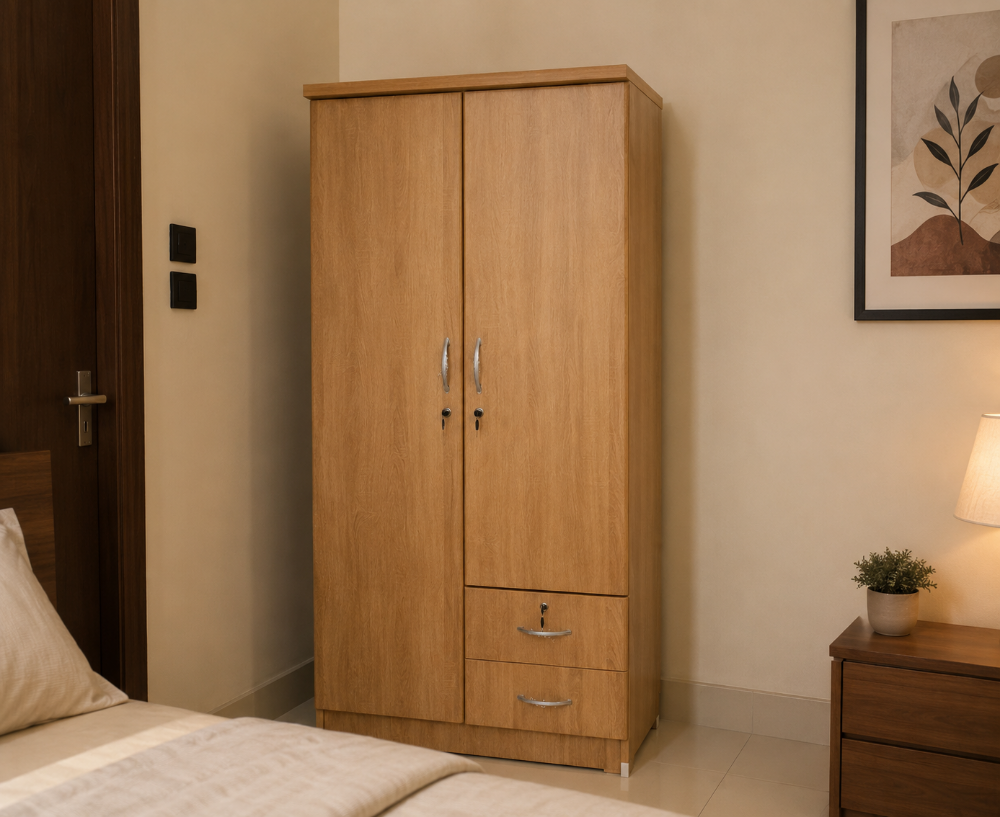 2 Door Wooden Wardrobe with Drawers - 8