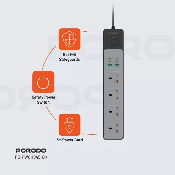 Porodo 4AC 65W 3000W Power Strip - 4