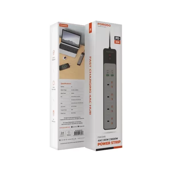 Porodo 4AC 65W 3000W Power Strip - 5