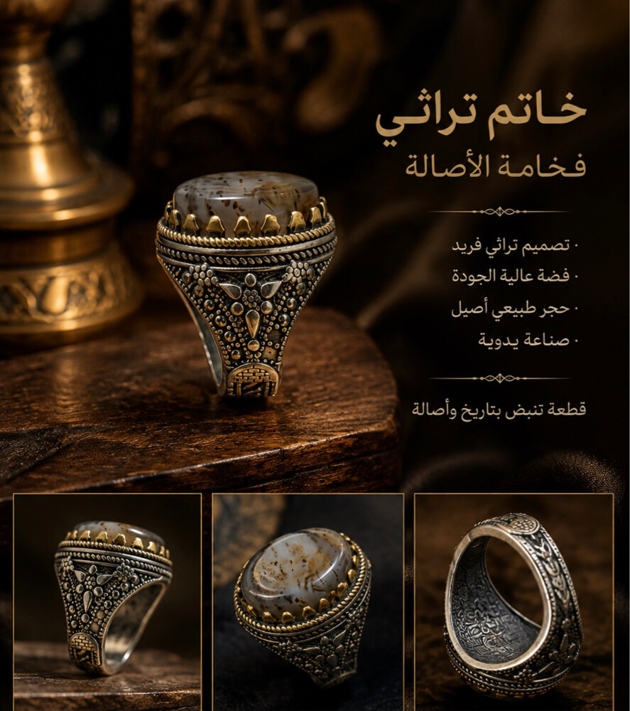 خاتم رجالي فضه (925)عقيق يمني  - 2