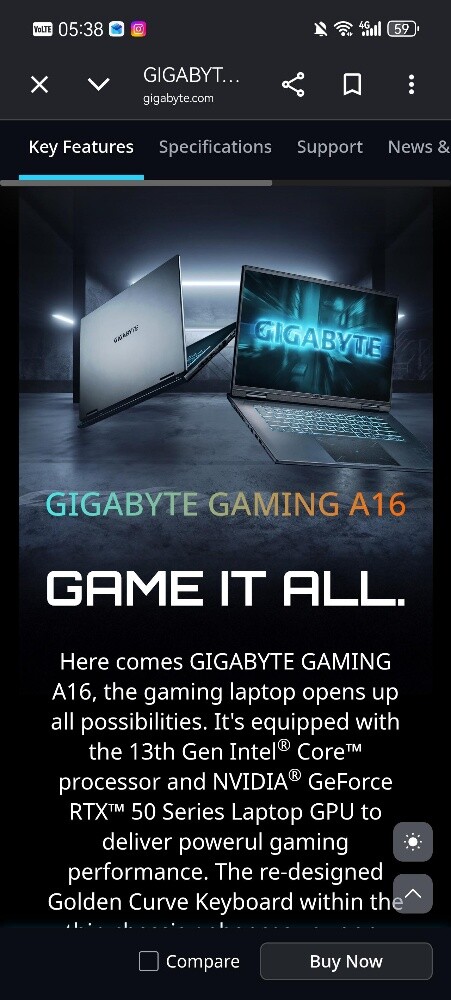 GIGABYTE A16 I7 13/16GB/RTX 5070 GA - 1