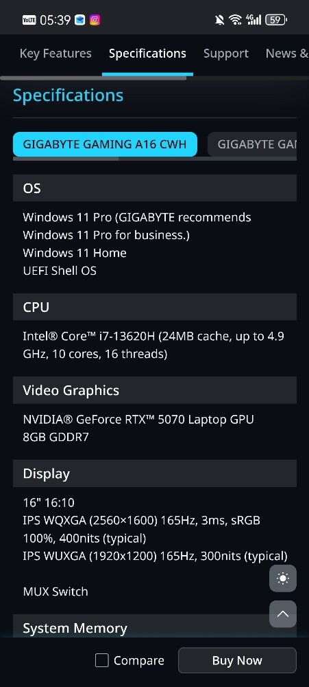 GIGABYTE A16 I7 13/16GB/RTX 5070 GA - 2