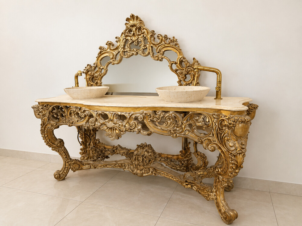 Classic living room set featuring chairs, decorative glass tables, and a classic console/washstand with a mirror. - 3