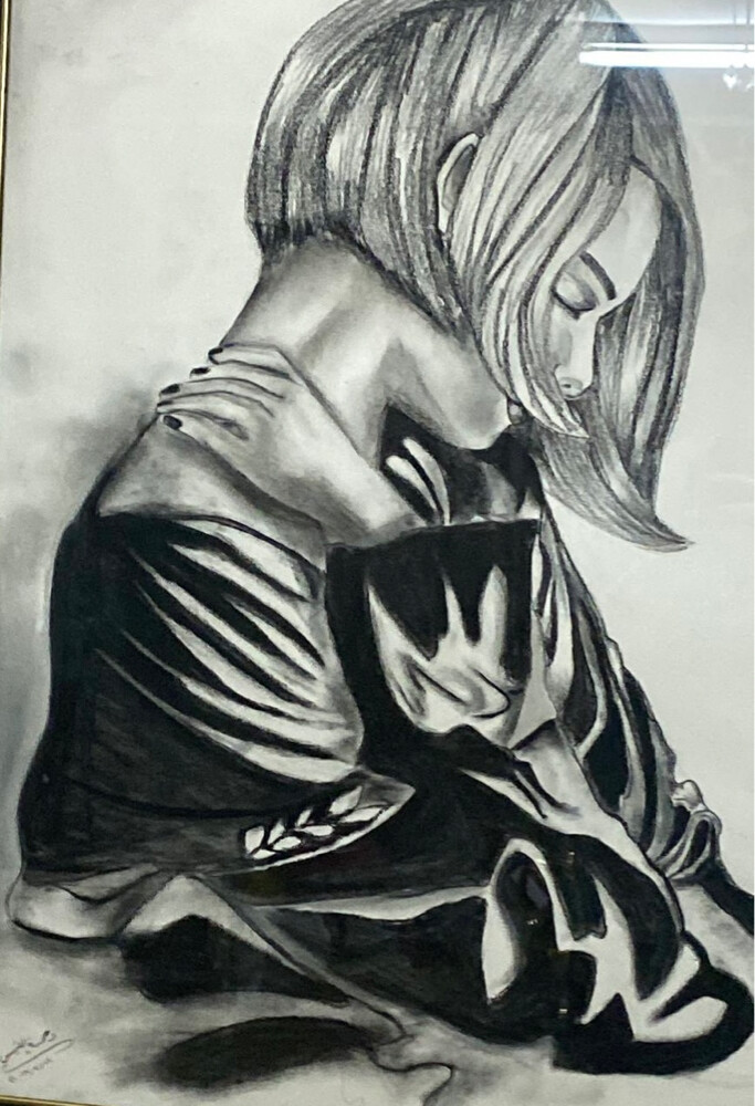A charcoal and mixed-media drawing of a hand; it depicts a girl expressing her state of being with exquisite attention to detail—truly a rare image. - 1