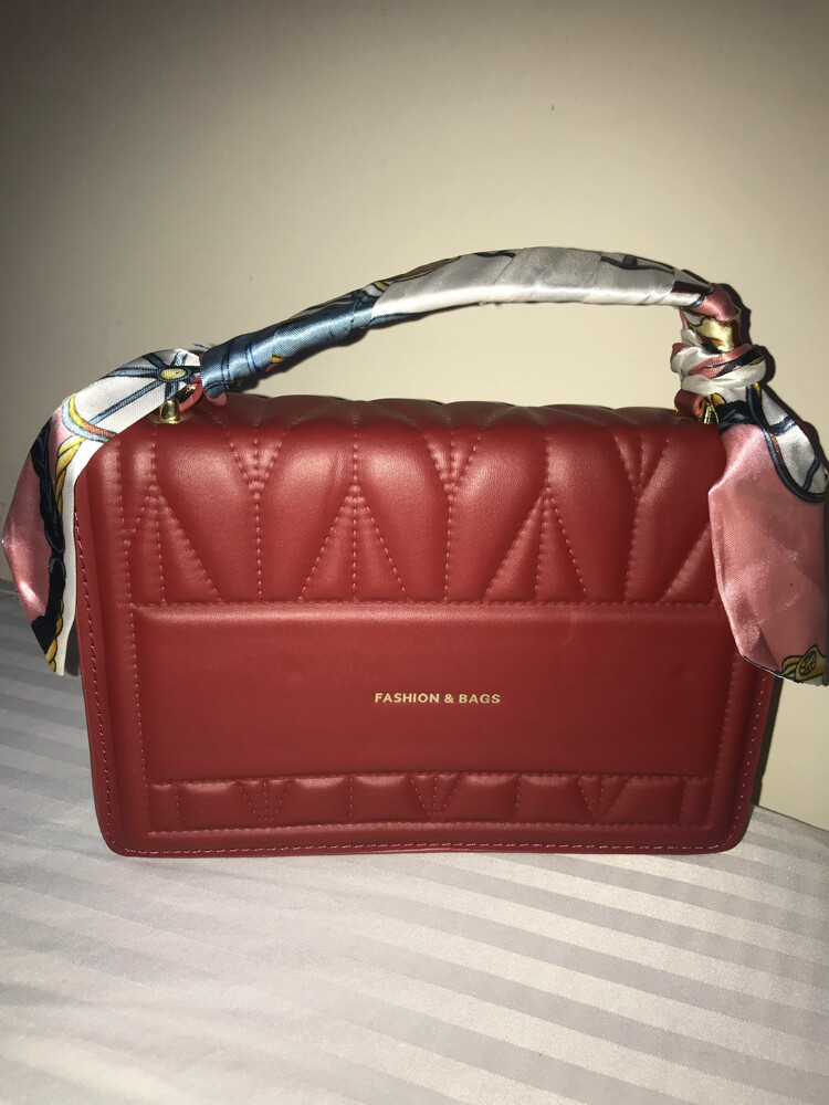Red Quilted Handbag with Silk Scarf - 1